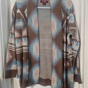 Elegant Brown and Blue Geometric Cardigan